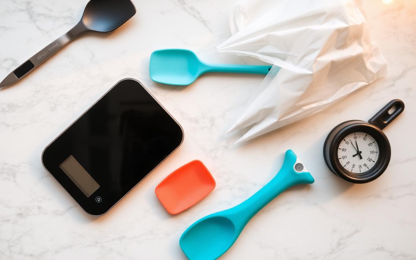 Flat lay of essential baking supplies: digital scale, spatulas, piping bag and thermometer on marble