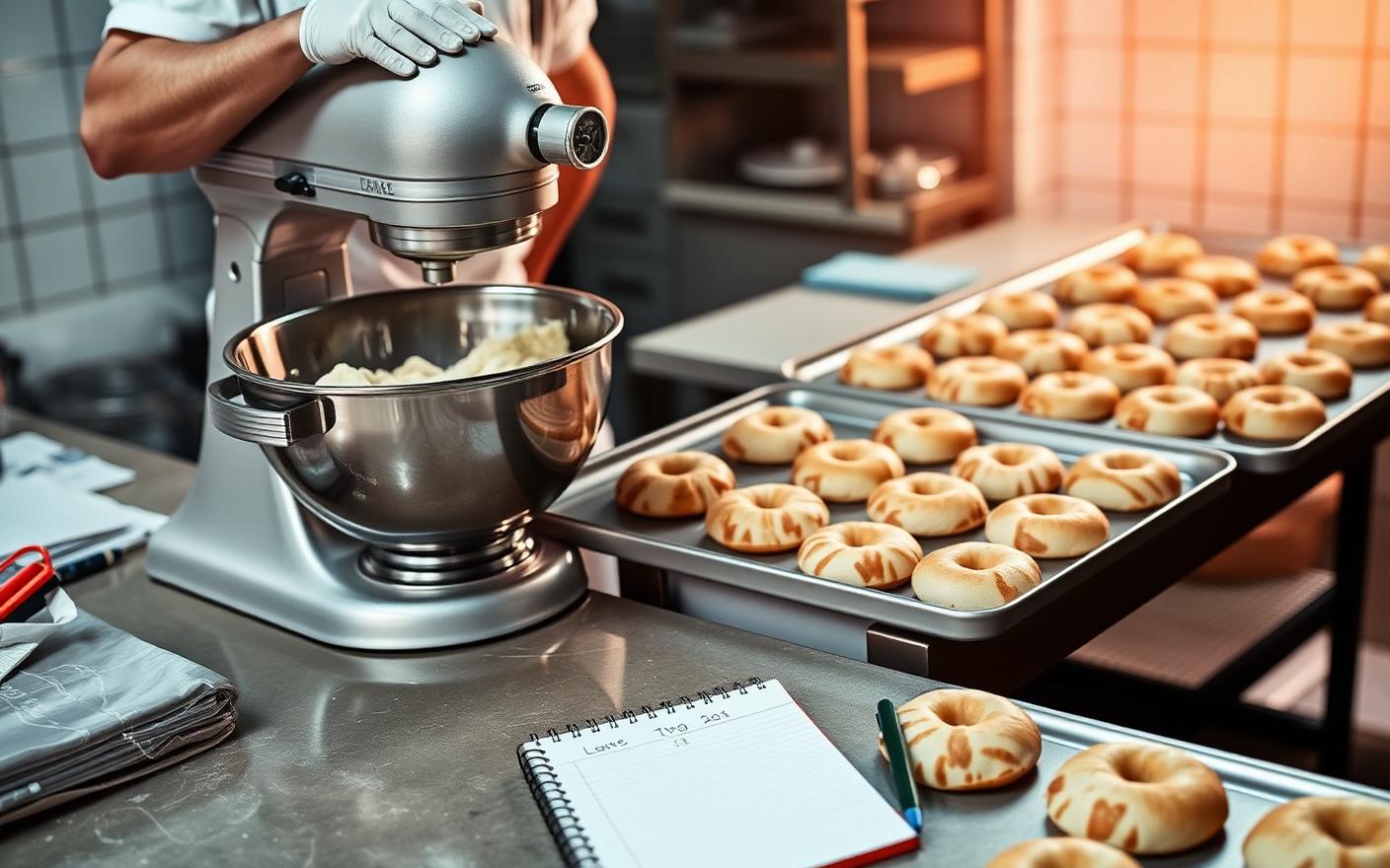 Baker working with a large mixer and trays of identical pastries while checking production numbers