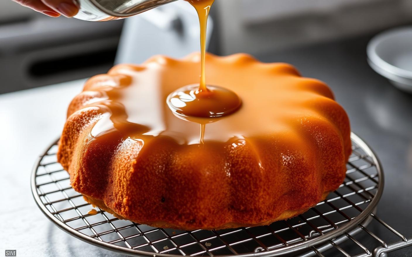 Glossy mirror glaze being poured over a chilled cake on a wire rack