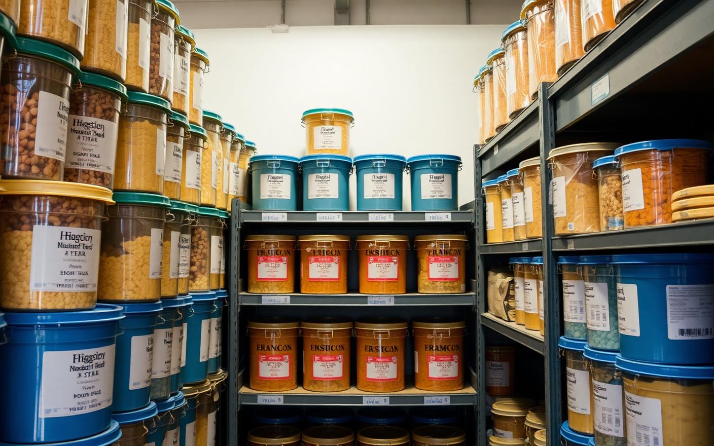 Bulk buckets of bakery ingredients labelled and stacked on storeroom shelving